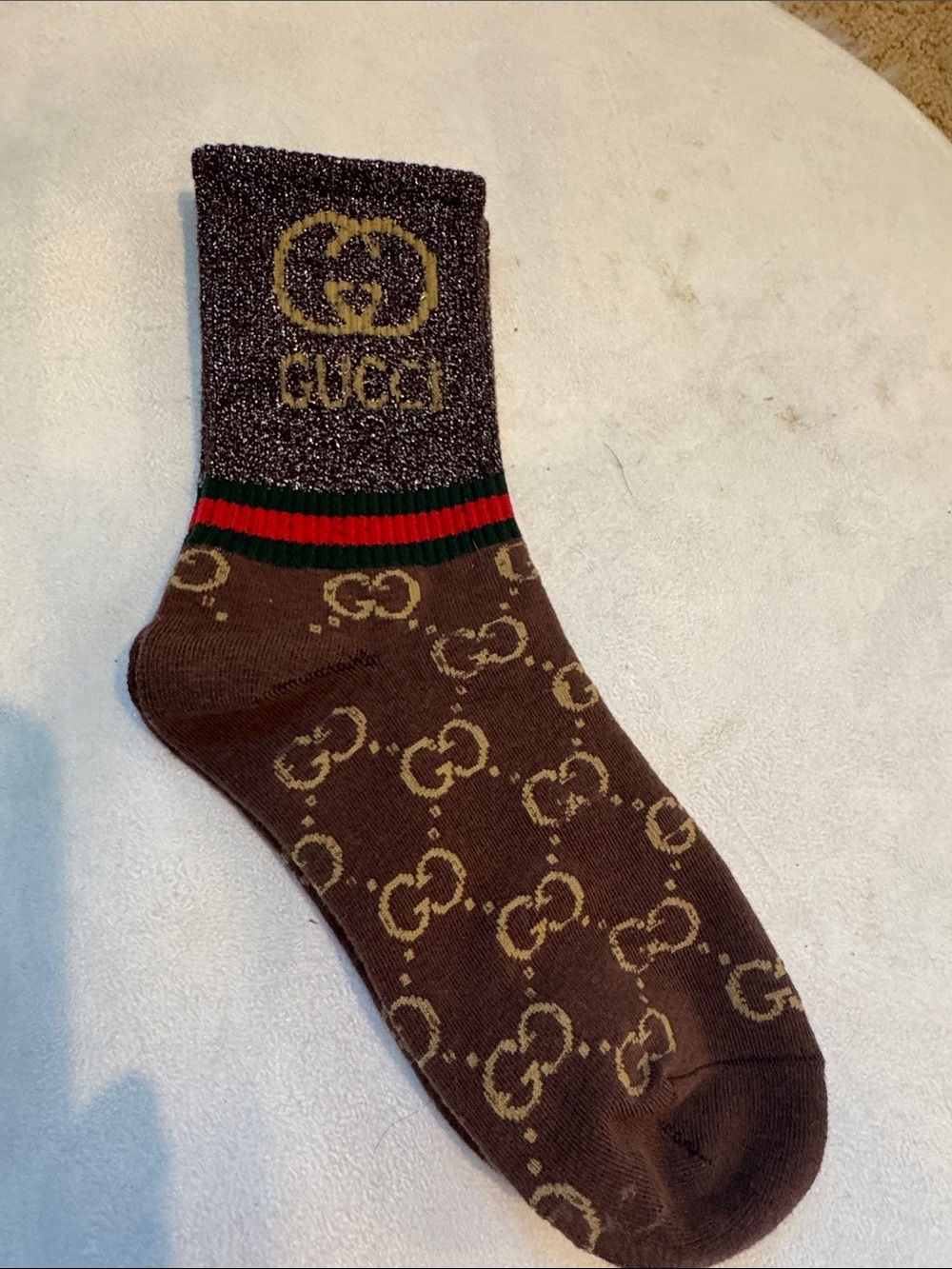Kids Brown Logo Crew Sock with Metallic Cuff